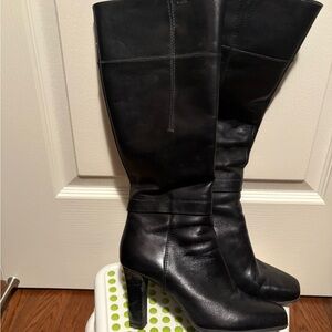 Geox Black Leather Knee-High Heeled Boots